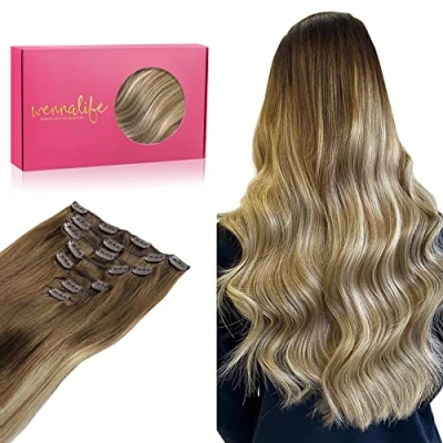 Image of WENNALIFE Hair Extensions Clip In, 22 Inch 120g 7pcs in Real Human Ombre Walnut Brown to Ash and Bleach Blonde Remy Coloured