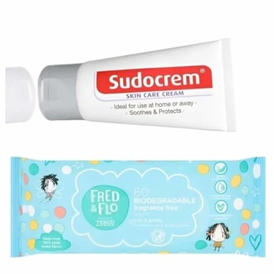 Image of Set Sudocrem skin care Cream Tube 30g and 1 pack of Baby Wipes wet Biodegradable Fred &amp; Flo, Versatile cream, suitable for general irritations spots rashes sores nappy antibacterial