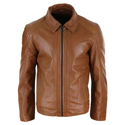 Image of Mens Real Leather Jacket Black tan Zipped Driving Classic Smart Casual Soft Napa 4XL