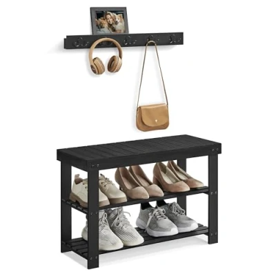 Image of SONGMICS Coat Rack Shoe Bench Set, Hall Tree with Bench, Multifunctional, 5 Double Metal Hooks, 3 Tier Bamboo Rack, for Hallway, Bedroom, Living Room, Ink Black LCR004B01