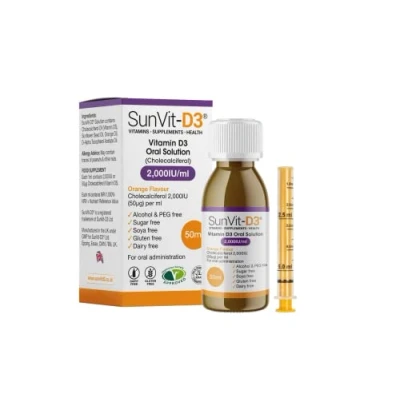 Image of SunVit D3 Vitamin 2000iu Oral Solution Vitamins for Kids Cholecalciferol Drops Support The Maintenance of Bone, Teeth, Muscle &amp; Immune System (50ml Orange Flavor)