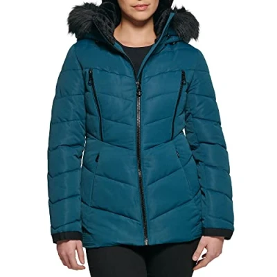 Image of GUESS Women&#039;s Midweight Puffer Jacket, Hooded Teal, L