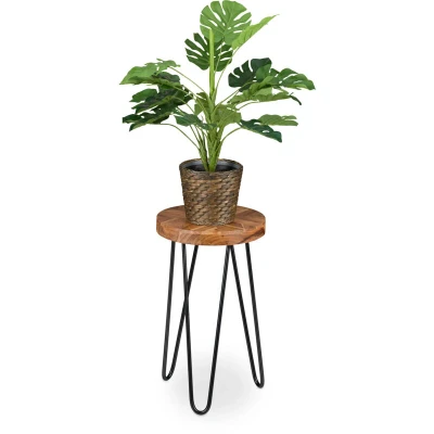 Image of Relaxdays Plant Stand, Acacia Wood, Round, for Flower Pots, Planters, Retro Design, HWD: 42 x 25 cm, Brown/Black