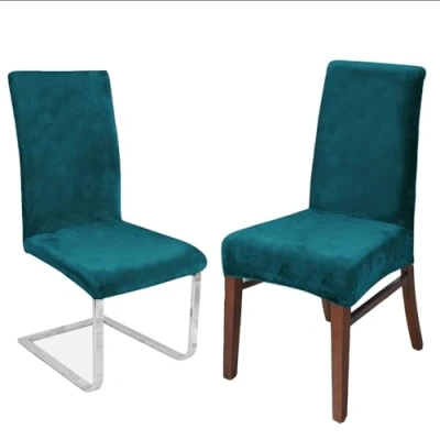 Image of LANSHENG Dining Chair Covers Set of 6, Stretch Velvet High Back Slipcovers for Chairs, Washable Removable Kitchen Seat Protector Room (Teal, 6)