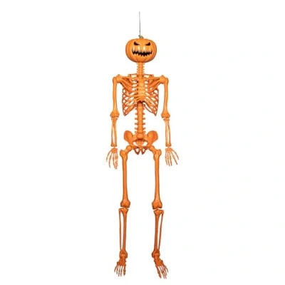 Image of 5ft Posable Full Body Halloween Skeleton Decoration with Pumpkin Head Movable Joints, Large Lifesize Plastic for Indoor/Outdoor Decorations, Spooky Scary Decor