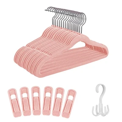 Image of Tinfol Pink Kids Velvet Hangers 30 Pack, Non Slip Baby with 6 Hanger Clips, Space Saving Ultra Thin Clothes for Children&#039;s Clothes, Newborn Toddler