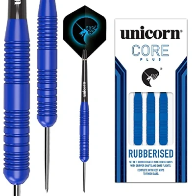 Image of Unicorn Steel Tip Darts Set Core Plus Smooth Comfortable Rubberised Brass Barrels Blue 25 g