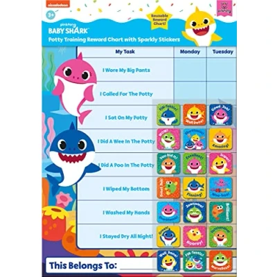 Image of Paper Projects 01.70.30.041 Baby Shark Potty Training Includes 56 Sparkly Stickers Colourful Chart is Wipe Clean, Blue, 29.7cm x 42cm