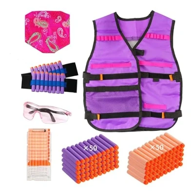 Image of Locisne Tactical Vest for Girl,Tactical Kit with 100 Refill Bullets,2 Wristband,1 Scarf Mask,1 Protective Goggle,1 Dart Reload Clip N strike Elite Series