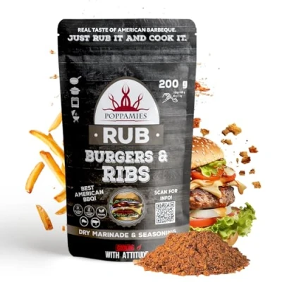 Image of Poppamies Burger&#039;s &amp; Ribs BBQ Rub Dry Marinade Perfect Seasoning for Beef Pork Great in The Grill, Oven, Boiler and Pan Best American Barbecue Large Pack (200g)