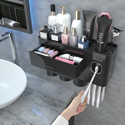Image of iHave Toothbrush Holders for Bathroom Storage, 3 Cups Holder Wall Mounted with Automatic Toothpaste Dispenser, Large Capacity Tooth Brush Accessories Set