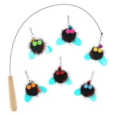 Image of SONGWAY Cat Teaser Wand Worm 7 Pcs Toys Set with and 6 Insect Shaped Furry Toy Refills Bell, Interactive Stick for Indoor Kitten Exercise Playing