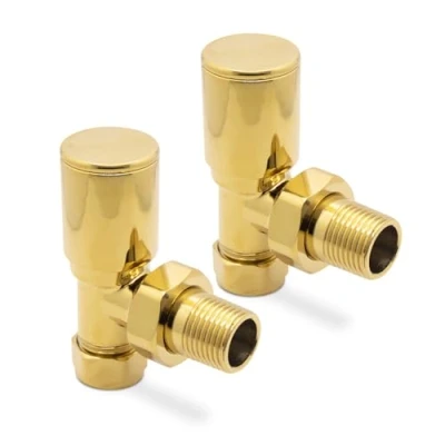 Image of Gold Angled Modern Standard Rounded Radiator Towel Rail Valves Central Heating (Pair) 1/2&quot; BSP