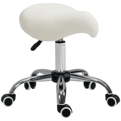 Image of HOMCOM Cosmetic Stool 360 Rotate Height Adjustable Salon Massage Spa Chair Hydraulic Rolling Faux Leather Saddle Mobility, Cream