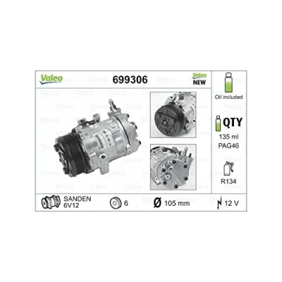 Image of 8FK351127261, 8FK351134231, 8FK351134731 AC compressor VALEO NEW ORIGINAL PART 699306 SD6V12 12V PAG 46 R134a with oil