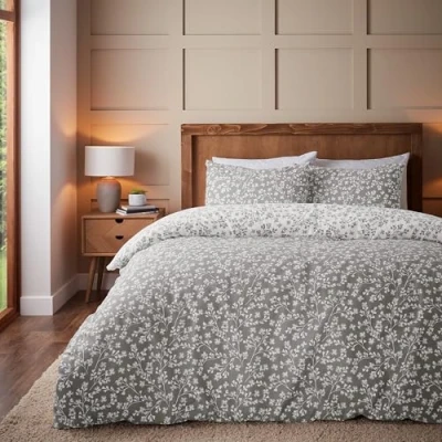 Image of Catherine Lansfield Brushed Grace Floral Leaf Cotton Reversible Single Duvet Cover Set with Pillowcase Grey