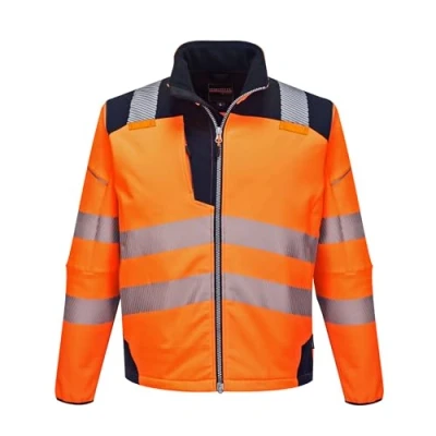 Image of Portwest T402 Men&#039;s PW3 Hi Vis Safety Jacket Windproof Water Resistant High Visibility Reflective Softshell Orange/Navy, 4X Large