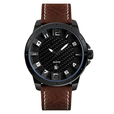 Image of FeiWen Mens Large Dial Analog Quartz Watches Casual Style Balck Stainless Steel Case and Leather Band Business Dress Fashion Wrist Watch, Brown