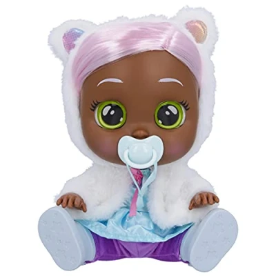 Image of Cry Babies Dressy Pearly 12&quot; Baby Doll Blue Dress, White Fluffy Jacket with Animal Ears, for Girls and Kids 18M Up