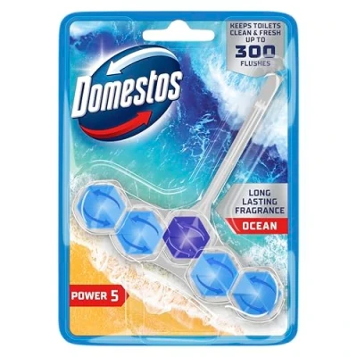 Image of Domestos Power 5 Ocean toilet Rim Block freshener with a long lasting fragrance cleans and freshens for up to 300 flushes 50 g
