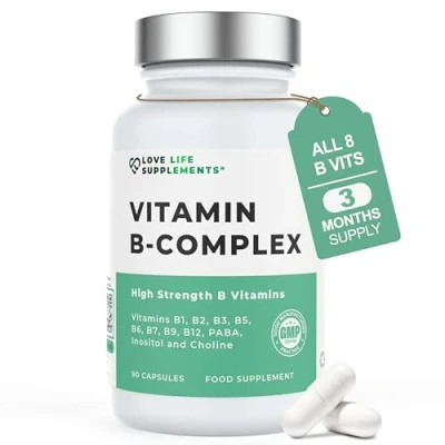Image of Vitamin B Complex High Strength 90 Capsules Day Supply All 9 Vitamins B1 B2 B3 B5 B6 B7 B9 B10 B12, Inositol and Choline Completely Clean No Fillers Love Life Supplements