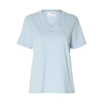 Image of SELECTED FEMME Women&#039;s Slfessential Ss V Neck Tee Noos T Shirt, Cashmere Blue, M