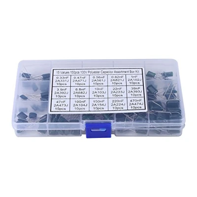 Image of Polyester Capacitor, 150pcs 100V 15 Value 0.33nF 470nF Electrolytic Capacitors Assortment Film Kit Box