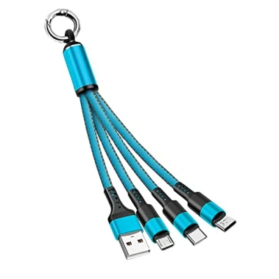 Image of Zigmoon hair AOYIY Multi USB Charger Cable 15CM, 3 in 1 Short Fast Charging Keychain with iP/Micro/USB Type C Connector for Cell Phones Tablets and More (Blue)