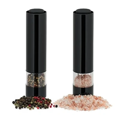 Image of Relaxdays Salt and Pepper Grinder, Set of 2, Kitchen, Season, Herbs &amp; Spices, Shaker, Electronic, with LED light, Black, Stainless steel, 23 x 5 cm