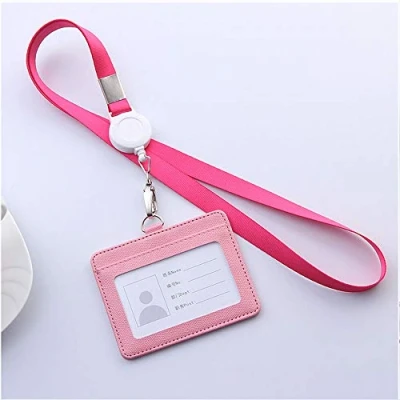Image of Vogueing Tool Badge Holder, 1pc ID Card Holder Retractable PU with 1 Clear Window &amp; Credit Slot and a Soft Flat Nylon Neck Lanyard, Horizontal, Landscape Pink
