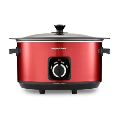 Image of Morphy Richards Accents 6.5L Sear &amp; Stew Slow Cooker, Shatter Resistant Non Stick Aluminium Pot, Single Pot Cooking, 3 Heat Settings, Hob Proof, Glass Lid, Easy Clean View, Red, 461026