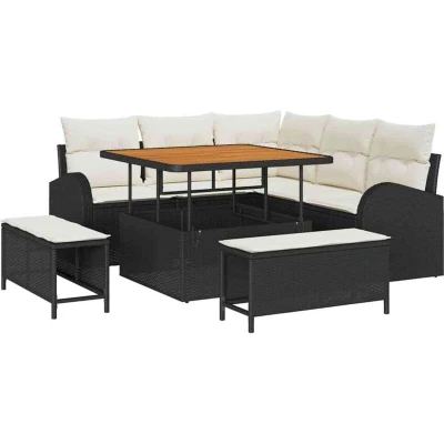 Image of vidaXL 8 Piece Garden Sofa Set with Cushions Black Poly Rattan Acacia