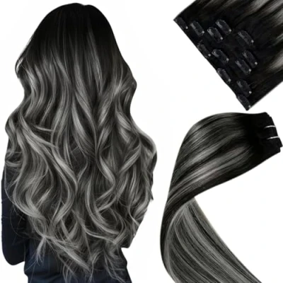 Image of LaaVoo Clip in Hair Extensions Real Human Black with Natural Silver Seamless Remy 16 Inch 5pcs 80g #1b/s/1b