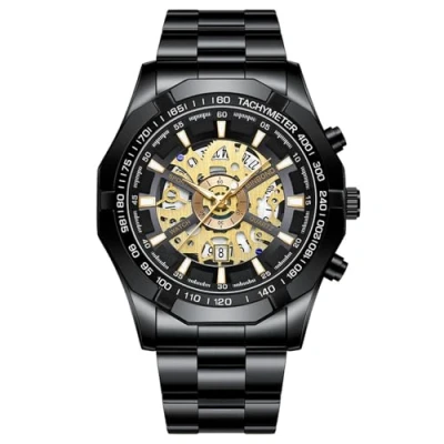 Image of JewelryWe Men&#039;s Skeleton Quartz Watch: Black Simulated Mechanica Luminous Hands Analog Stainless Steel Waterproof Tachymeter Bezel Date Function Wristwatch