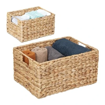 Image of Relaxdays Storage Basket, Set of 2, for Bathroom, Living Room &amp; Bedroom, Organiser, Woven Boxes, Water Hyacinth, Natural, Plant fibre, Various sizes