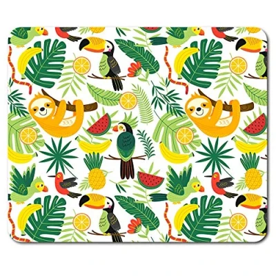 Image of Cool Tropical Print Mouse Mat Pad Sloth Birds Plants Fruit Gift Computer #8839