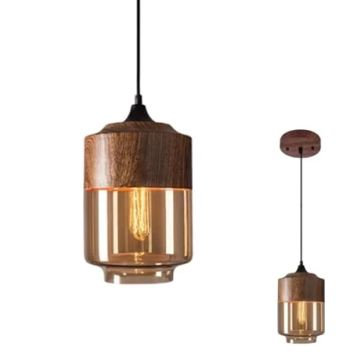 Image of NHPJFDC Modern Pendant Light,Retro Industry Glass Light,Metal Wood Grain Finish Lighting,Kitchen Island Lighting, Amber Shade Ceiling Light Fixture,Brown,17.8cm/7in