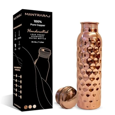 Image of MantraRaj 100% Pure Copper Water Bottle 1 Liter 34 Oz Leak Proof Perfect Ayurvedic Vessel for Sports, Fitness, Yoga, Gym Natural Health Benefits Antique Sports (Diamond)