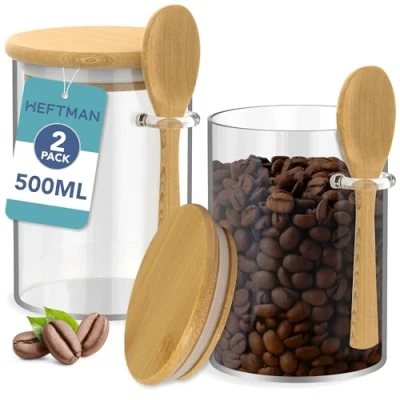 Image of HEFTMAN Glass Jars with Bamboo Lids 500ml, 2 Pack Airtight and Spoons for Coffee, Sugar, Spices, Hot Chocolate Station Silicone Seal Storage &amp; Canisters