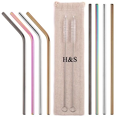 Image of H&amp;S 8PCS Metal Straws Stainless Steel Reusable Straw for Drinking with 2 Case &amp; Cleaning Brush