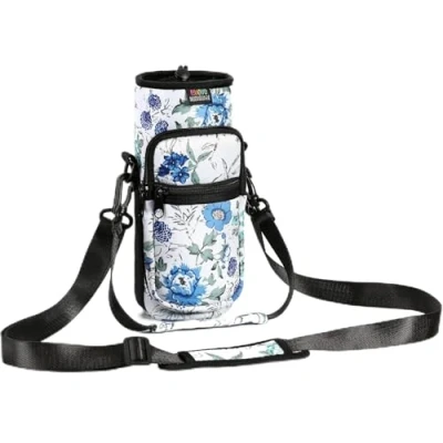 Image of Nuovoware Water Bottle Carrier Bag, 25oz/32oz Pouch Holder, Adjustable Shoulder Hand Strap 2 Pocket Sling Neoprene Sleeve Sports Accessories for Hiking Travelling Camp, White+Blue