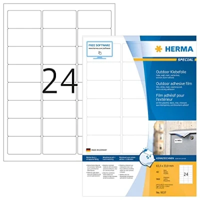 Image of HERMA Self Adhesive Film Labels, 24 Labels per A4 Sheet, 40 Sheets, 63.5 x 33.9 mm, 960 Blank Weatherproof Stickers, Sticky for Laser &amp; Inkjet Printer, White