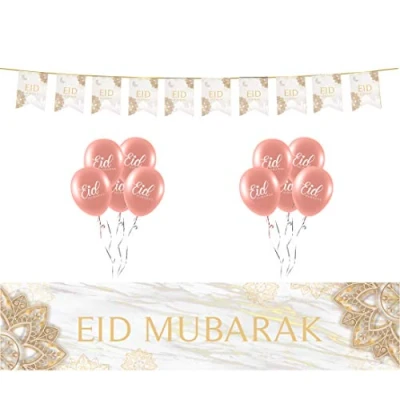 Image of Mubarak Happy Eid Decoration Set Kit Bunting Banner Hanging Party Decor (White &amp; Gold)