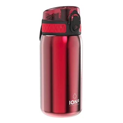 Image of Ion8 Kids Water Bottle, Steel 400 ml/13 oz, Leak Proof, Easy to Open, Secure Lock, Dishwasher Safe, Flip Cover, Carry Handle, Clean, Durable, Carbon Neutral, Metallic Red