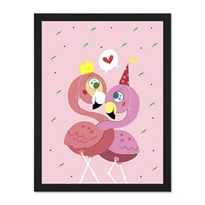 Image of Wee Blue Coo Kawaii Flamingo Love Large Framed Art Print Wall Poster 18x24 inch