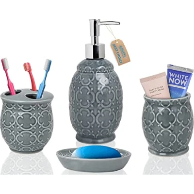 Image of Ceramic Bathroom Accessory Set Soap Dispenser, Toothbrush Holder, Tumbler and Dish Embossed Details Modern Vanity Accessories