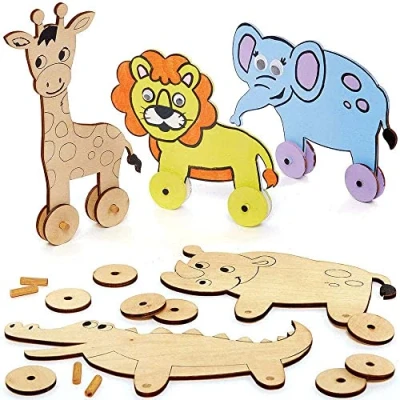 Image of Baker Ross FC882 Jungle Animal Wooden Racer Pack of 5, Kids Party Bag Craft, Racing Wood Craft Toys for
