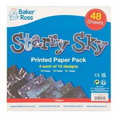 Image of Baker Ross FC213 Starry Sky Printed Paper Pack of 48, Creative Art Supplies for Kids, Ideal Craft Activities and Decoration Making