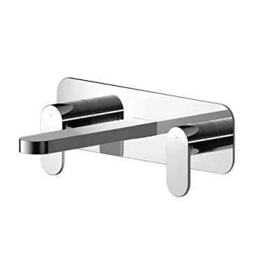 Image of nuie BIN350 Binsey Modern Bathroom Round Wall Mount 3 Tap Hole Basin Mixer with Lever Handles and Plate, 75mm, Chrome