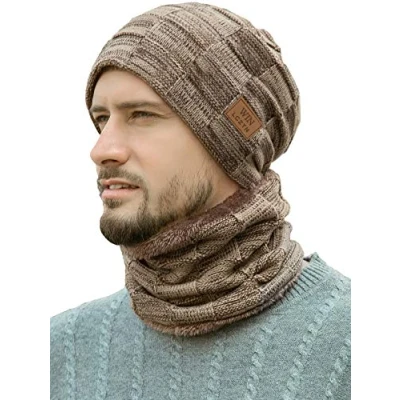 Image of LCZTN Mens Winter Beanie Hat Scarf Set Warm Fleece Lined Knit Ski Hats Slouchy Skull Cap for Unisex Gift Khaki